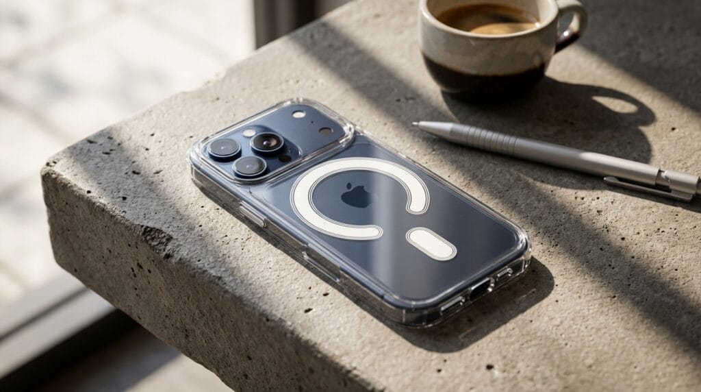 A smartphone with a clear case featuring a circular MagSafe design lies on a concrete surface next to a silver pen and a cup of coffee. Sunlight streams through a nearby window.
