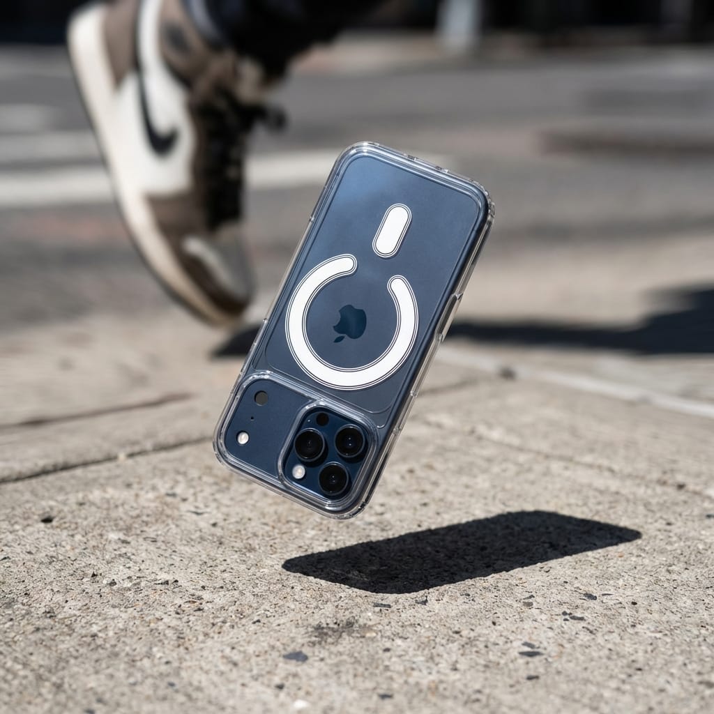 A mobile phone with a clear case is mid-air above a concrete pavement, as if falling, with a blurred trainer-clad foot visible in the background.
