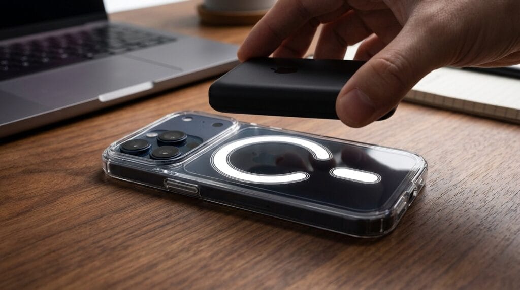 A hand places a small black device onto the back of a mobile phone with a clear case, featuring a visible circular MagSafe design, on a wooden desk next to a laptop and a notepad.
