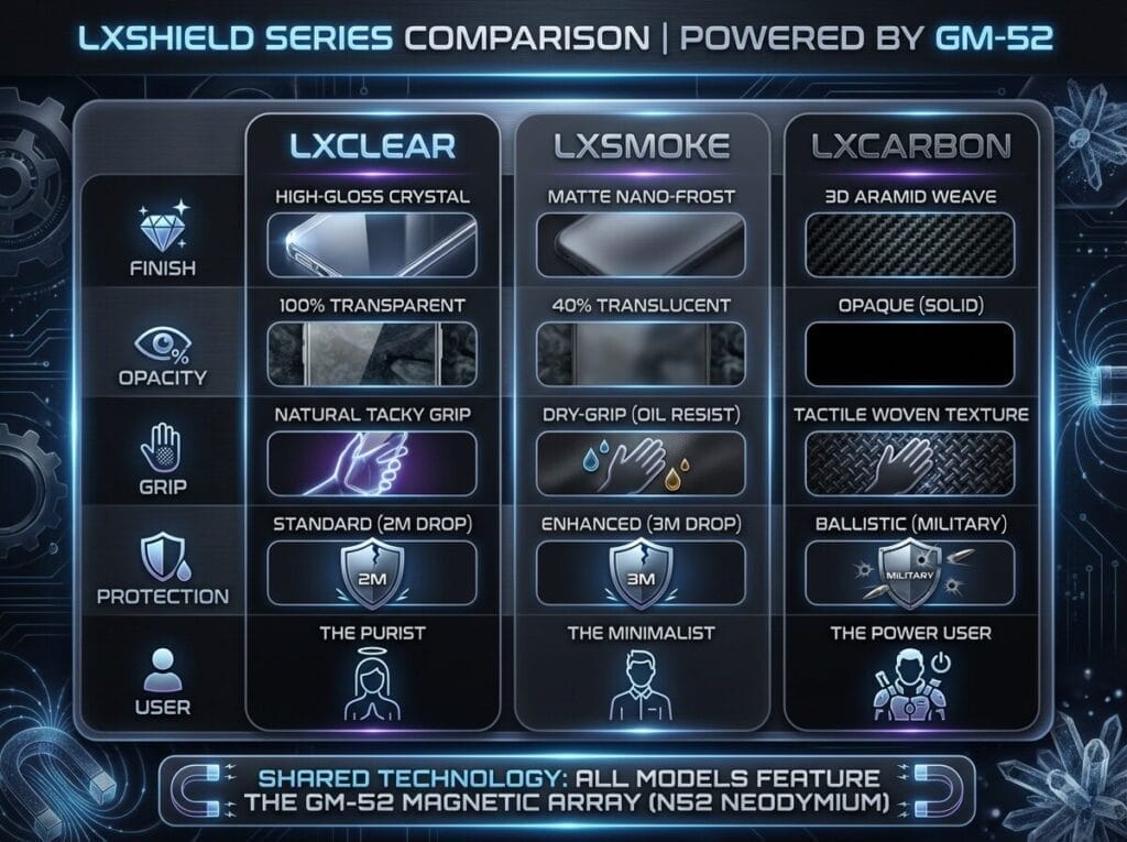 Comparison chart for three LXSHIELD phone case models: LXCLEAR (clear, tacky grip, standard protection), LXSMOKE (matte, dry grip, enhanced protection), and LXCARBON (opaque, woven texture, ballistic protection).