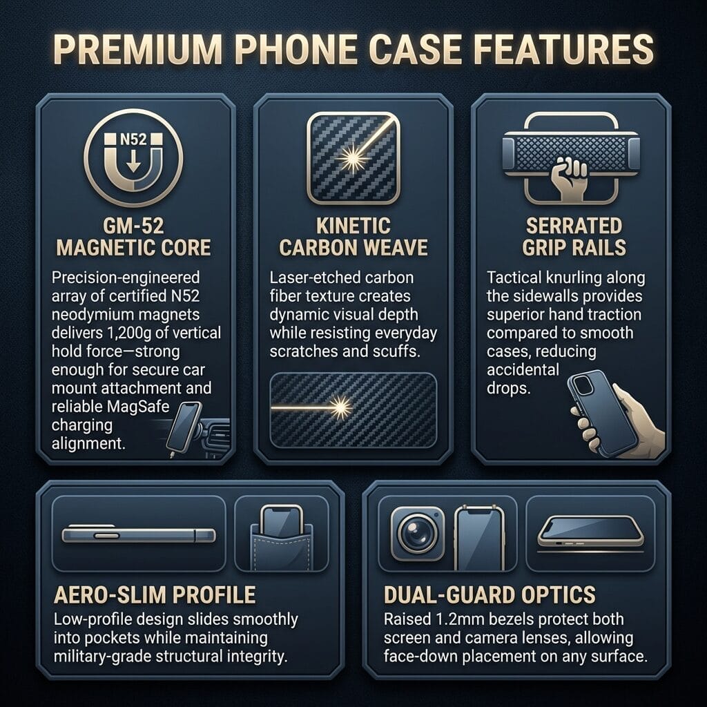An infographic titled Premium Phone Case Features shows icons and descriptions for a magnetic core, carbon weave, grip rails, slim profile, and dual-guard optics, highlighting durability and phone protection details.