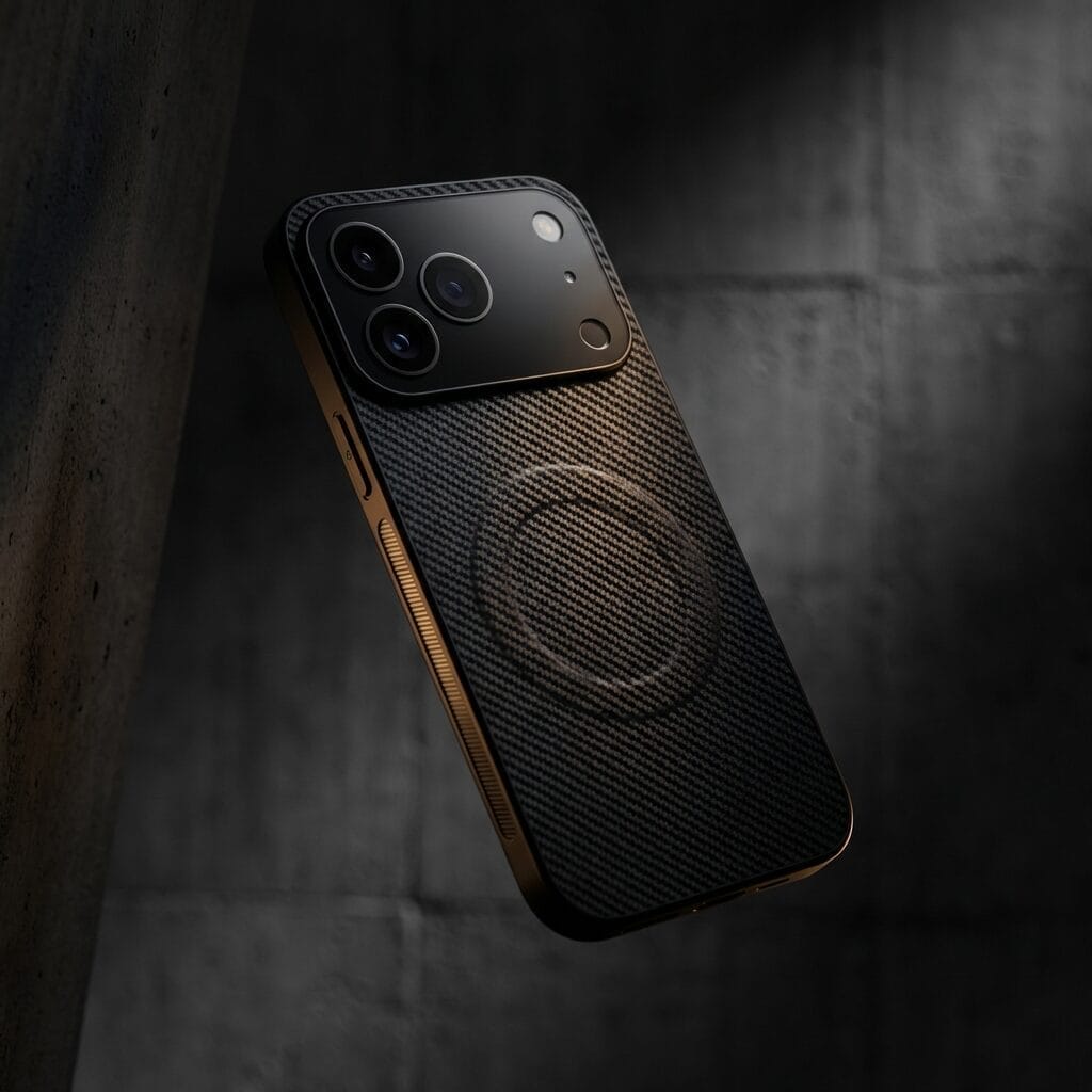 A black smartphone featuring a textured back, three rear cameras, and a circular design in the centre is shown in dramatic lighting against a dark, concrete background.