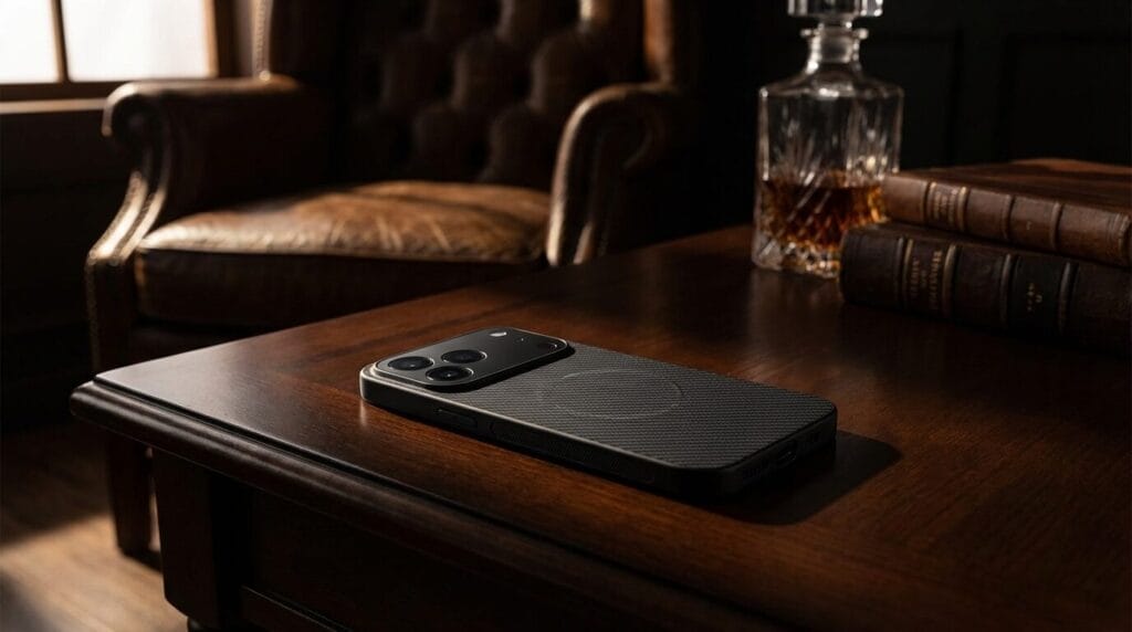 A smartphone with a textured black case rests on a polished wooden table beside old books and a glass decanter filled with brown liquid, in a warmly lit room with leather armchairs.