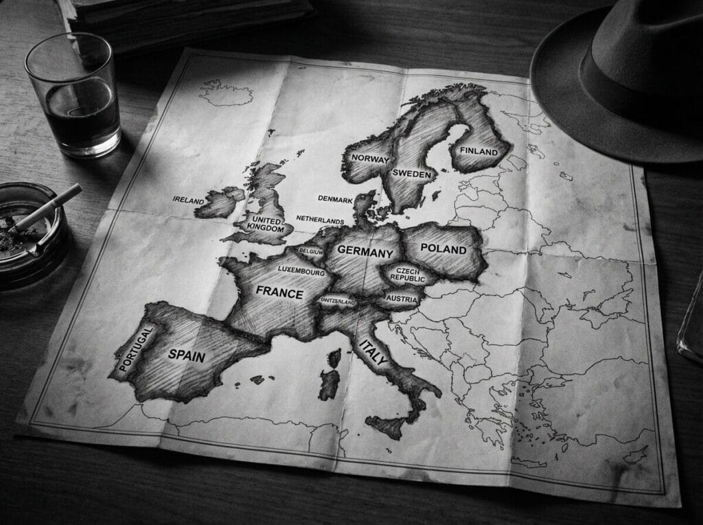 Black and white photo of a map of Europe on a table, showing labelled countries including France, Germany, Italy, Poland, and Spain. A hat, glass of drink, ashtray, and papers are also on the table.