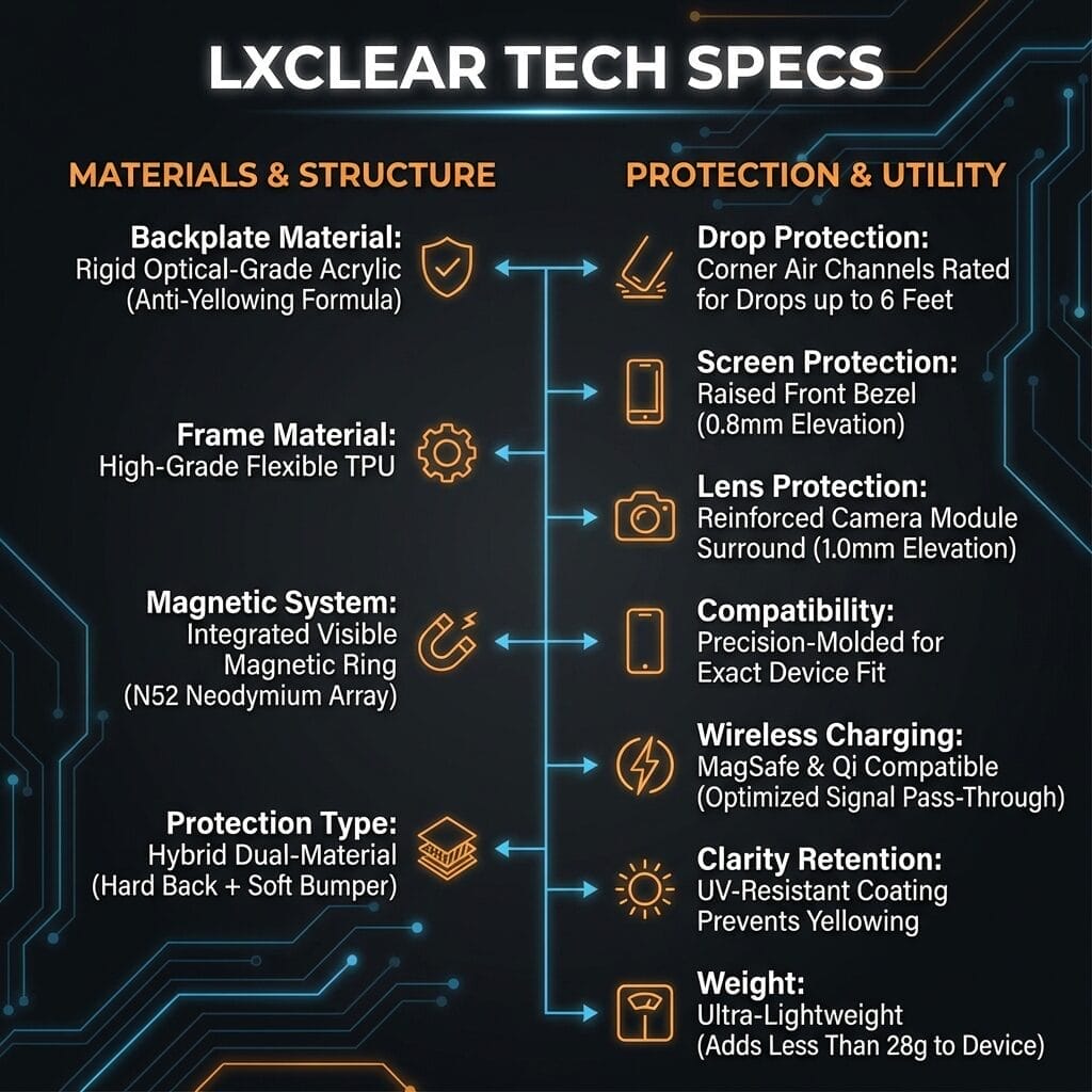Infographic titled “LXCLEAR TECH SPECS” lists materials, structure, and protection features of a phone case, including backplate material, frame TPU, magnetic system, hybrid dual-material, and various protection utilities.