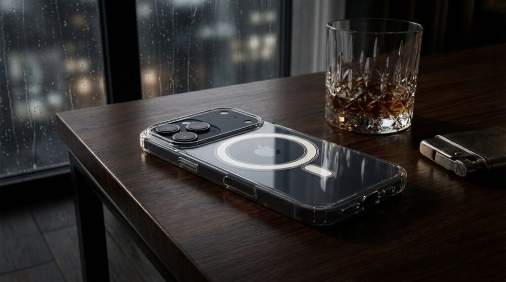 A mobile phone in a clear case lies on a wooden table next to a glass of brown liquid with ice and a metal lighter, with a rain-streaked window in the background.