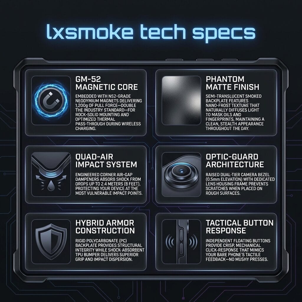A futuristic tech specs display lists features: GM-52 magnetic core, phantom matte finish, quad-air impact system, optic-guard architecture, hybrid armour construction, and tactical button response, with matching icons for each.