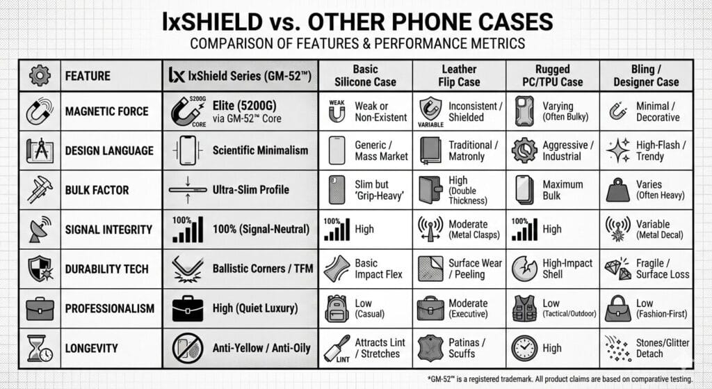 Comparison chart showing IxSHIELD phone case vs. other cases across features like magnetic force, bulk, drop resistance, and longevity, using icons and bars to visualise each case type’s strengths and weaknesses.