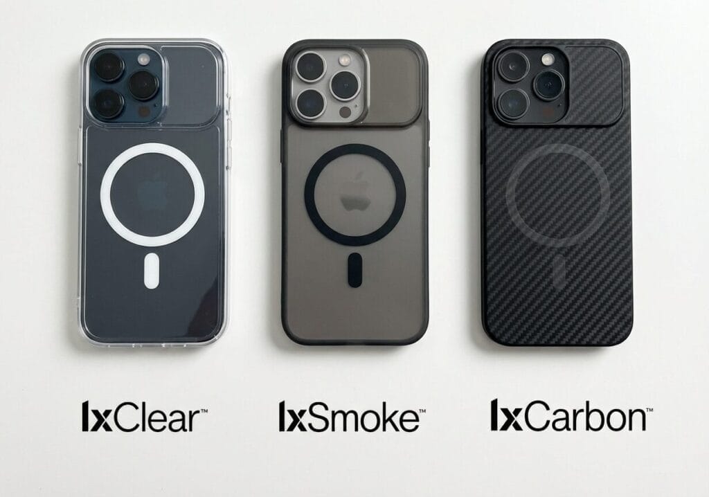 Three iPhones with MagSafe cases are displayed side by side: a clear case labelled IxClear, a semi-transparent smoke case labelled IxSmoke, and a black carbon-fibre style case labelled IxCarbon.