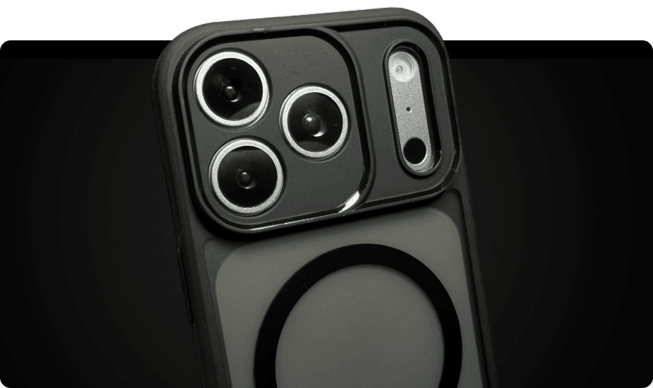 Close-up of the back of a mobile phone with three camera lenses, a flash, and a sensor, all encased in a protective case. The background is dark, highlighting the phone’s camera area.