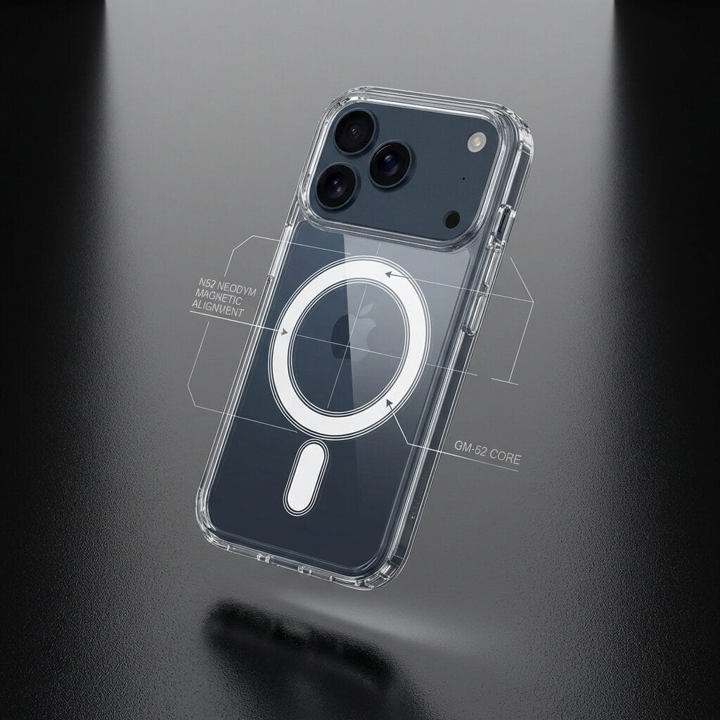 A smartphone with a clear case displays labelled internal features, including a circular magnetic alignment area and a GM-52 core, against a dark, reflective surface.